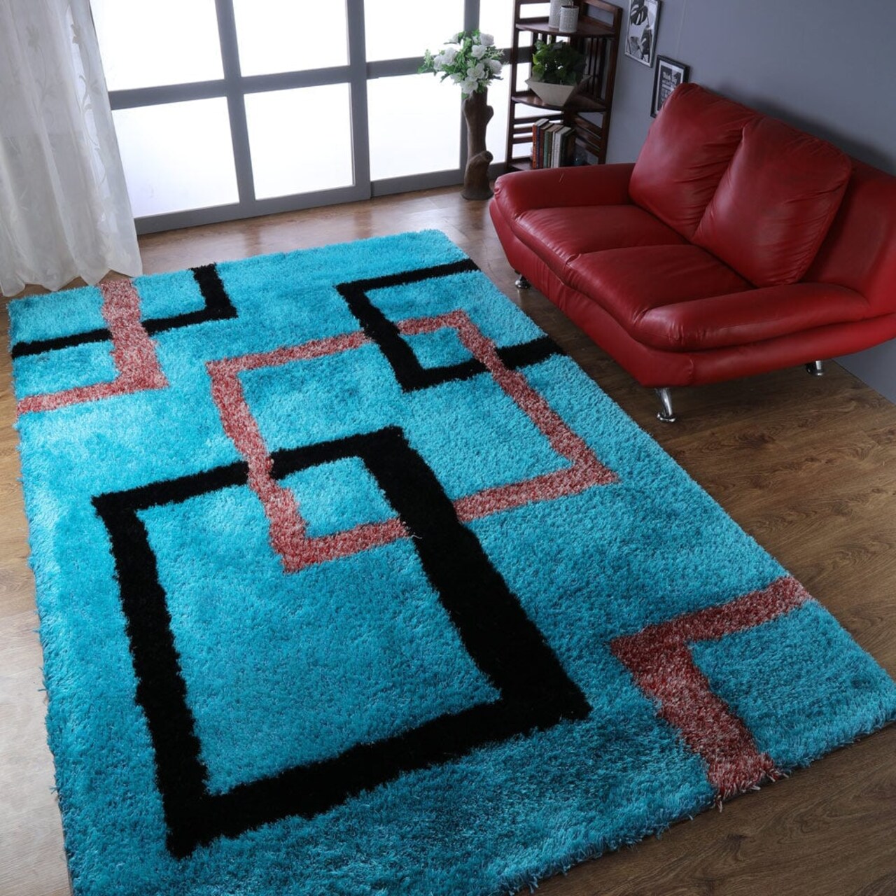 Rugsotic Hand Tufted Shag Rug Turquoise Geometric Polyester Area Rug K00022